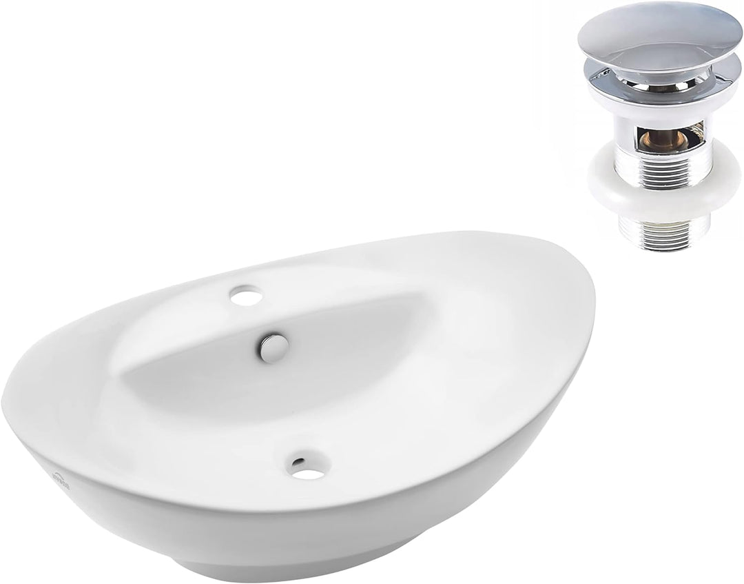 VBChome Waschbecken 59 x 39 cm Keramik Weiss Oval Pop-up ventil Click-Clack Waschtisch Handwaschbeck