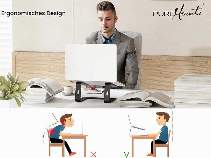 PureMounts Laptop Ständer Ultra-Slim, Ergonomischer Aluminium Notebookhalter mit Belüftung &amp; Anti-Ru