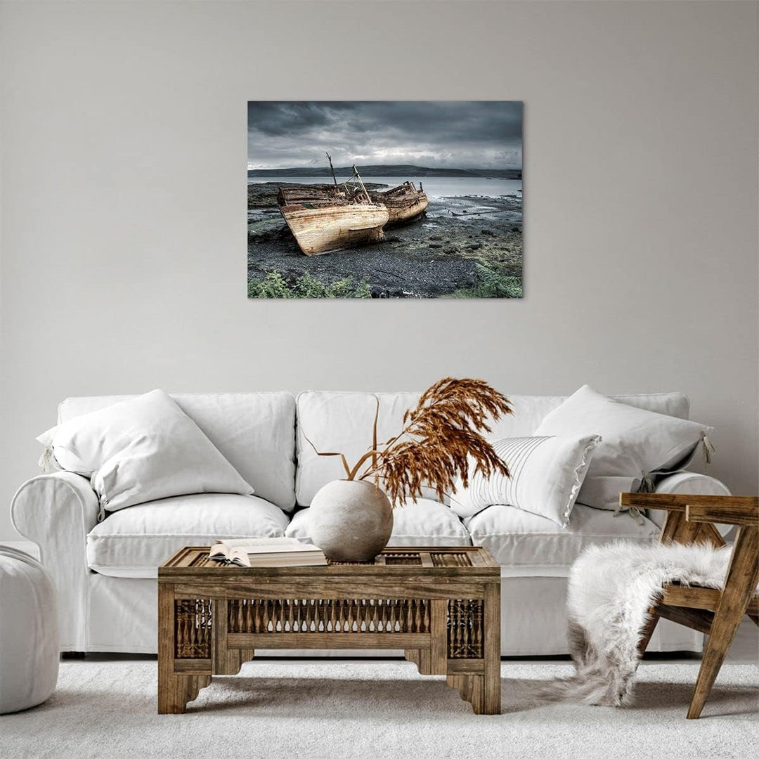 Bilder auf Leinwand Boot Wrack Ufer Leinwandbild mit Rahmen 70x50cm Wandbilder Dekoration Wohnzimmer