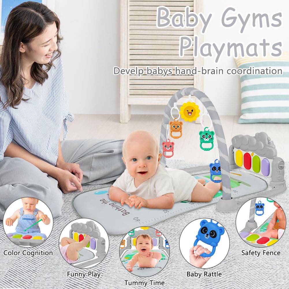 AOMIG Piano-Gym Spieldecke, Krabbeldecke mit Musik und Lichtern, Spielmatte mit Spielbogen abnehmbar