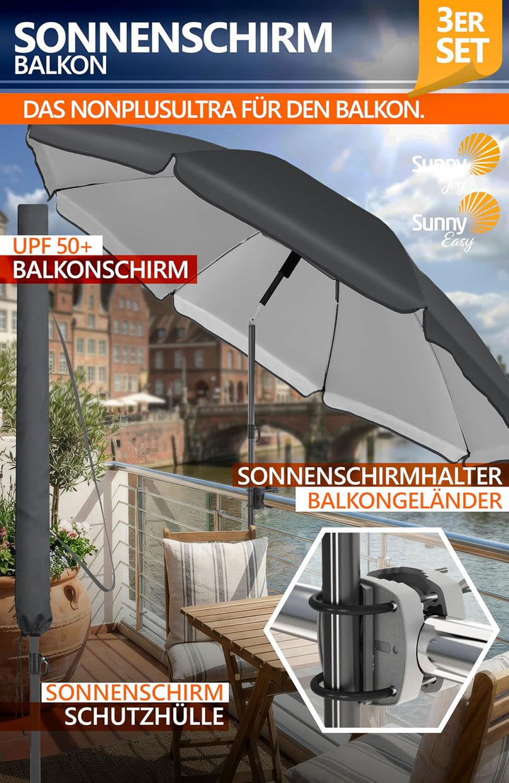 4smile Sonnenschirm Balkon SunnyJoy, 3-in-1 SET, Anthrazit - UPF 50+ Sonnenschirm Ø 200 cm + Sonnens