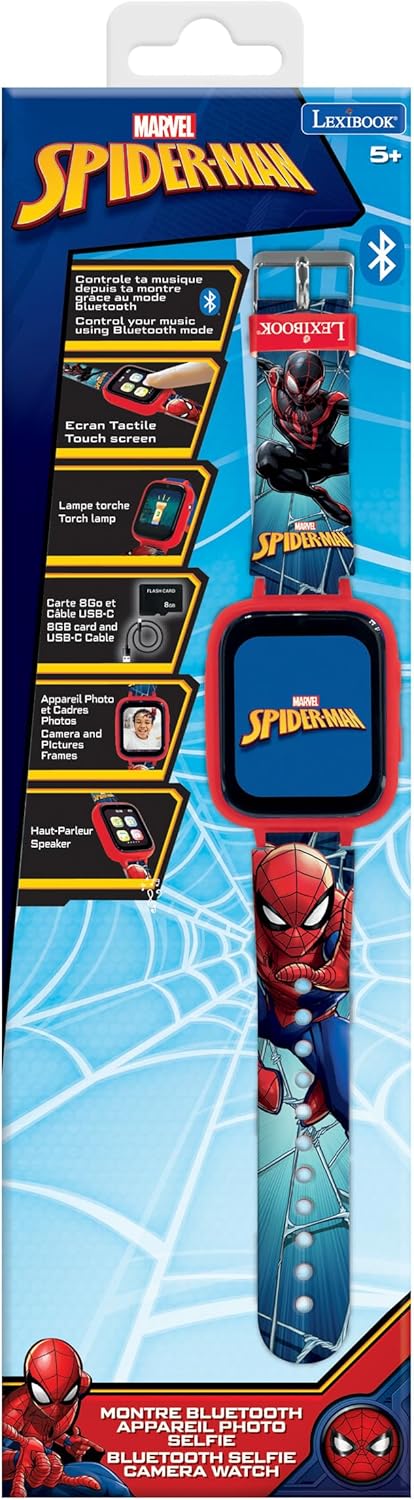 Lexibook, Spider-Man, Bluetooth-Uhr mit Farbdisplay, Spider-Man mit Kamera und 8-GB-Speicherkarte, R