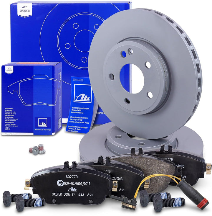 ATE Bremsenset Vorderachse inkl. Bremsscheiben vorne Ø 295 mm belüftet und Bremsbeläge vorne + Warnk