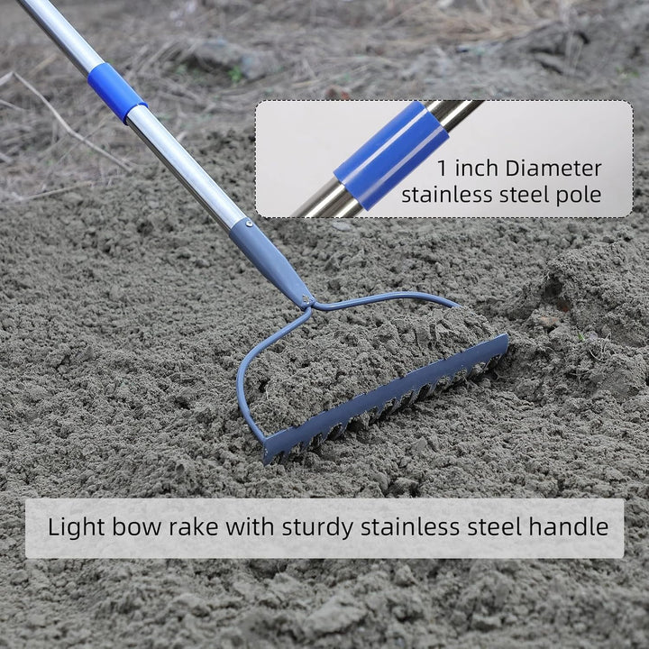 Gartenrechen 14 Zinken, Bogenrechen Metall Schwerlast aus Edelstahl mit Stiel 152 cm, Robuster Laubr