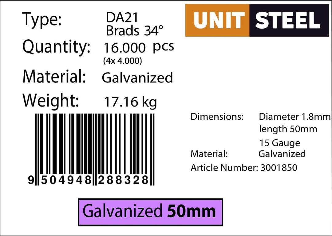 34° Stauchkopfnägel - 1,8x50mm, 4.000 stück, Nägel für Druckluft-Nagler, DA21EAB, Verzinkt, für fast