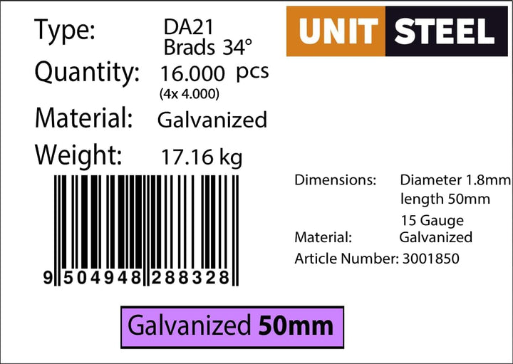 34° Stauchkopfnägel - 1,8x50mm, 4.000 stück, Nägel für Druckluft-Nagler, DA21EAB, Verzinkt, für fast