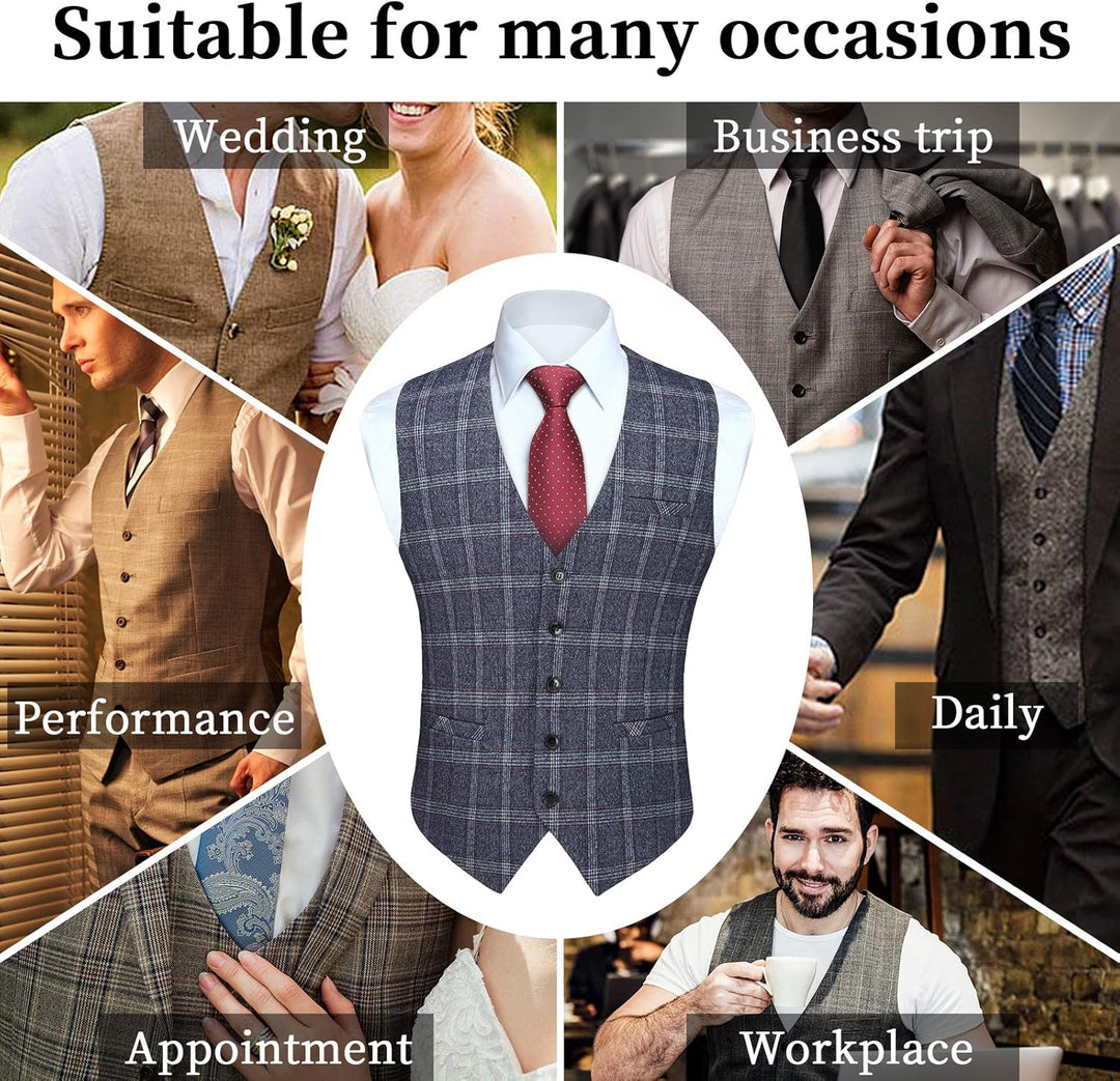 HISDERN Karierte Weste Herren Formale Klassische Weste Baumwolle Hochzeit Hahnentritt Anzugweste 4XL