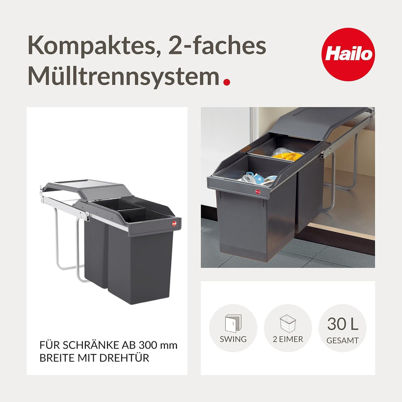 Hailo Tandem Küchen-Abfalleimer, Plastik, Grau, One