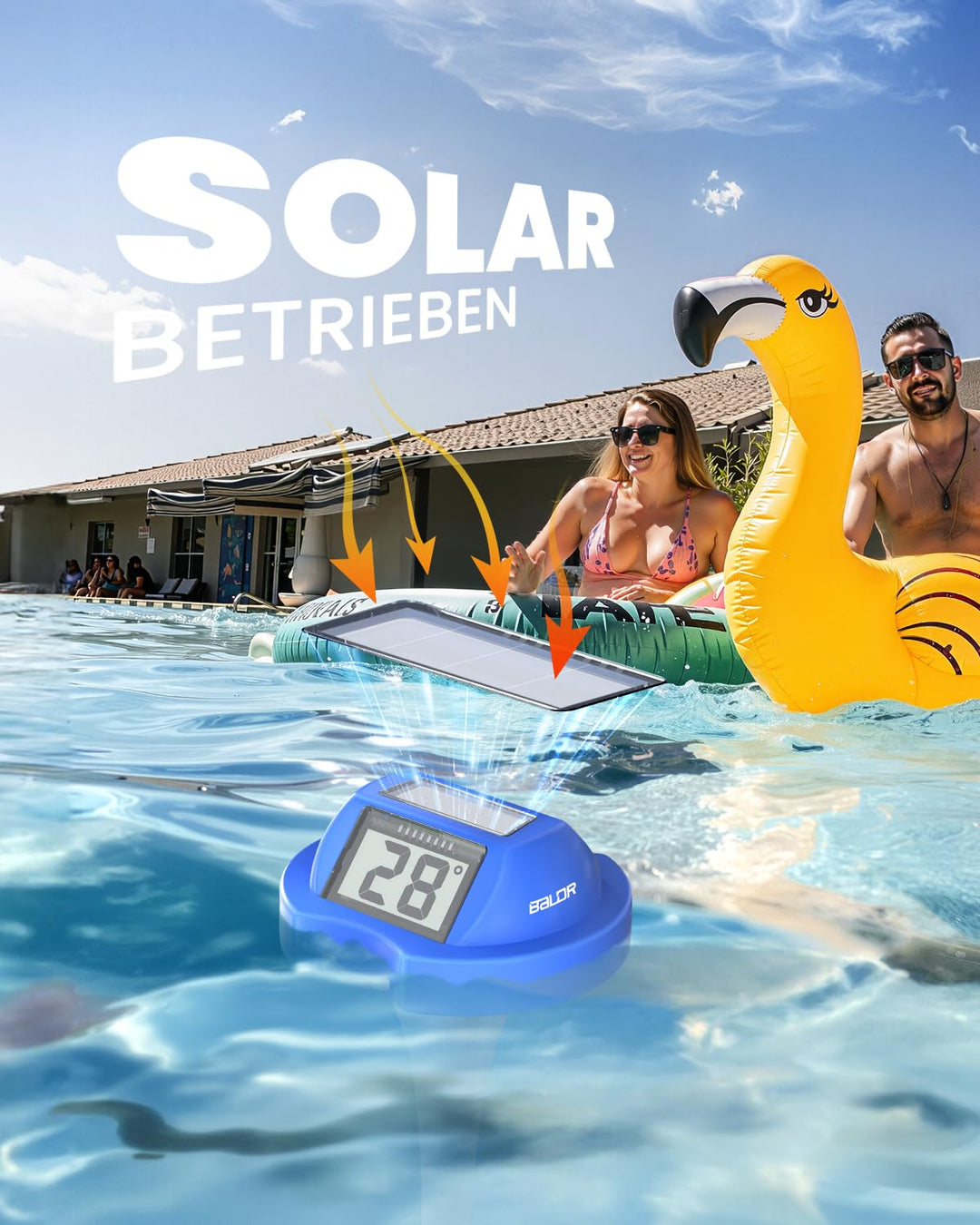 BALDR Solar Schwimmendes für Pool mit zwei grossen Displays | IPX7 wasserdichter digitaler Temperatu
