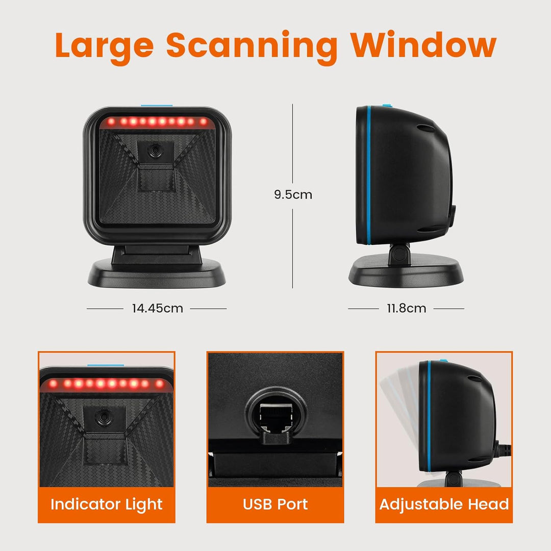 OBZ Desktop Barcode Scanner USB, QR Code Scanner mit Weitwinkel, Automatischer Hands-Free Scanner fü