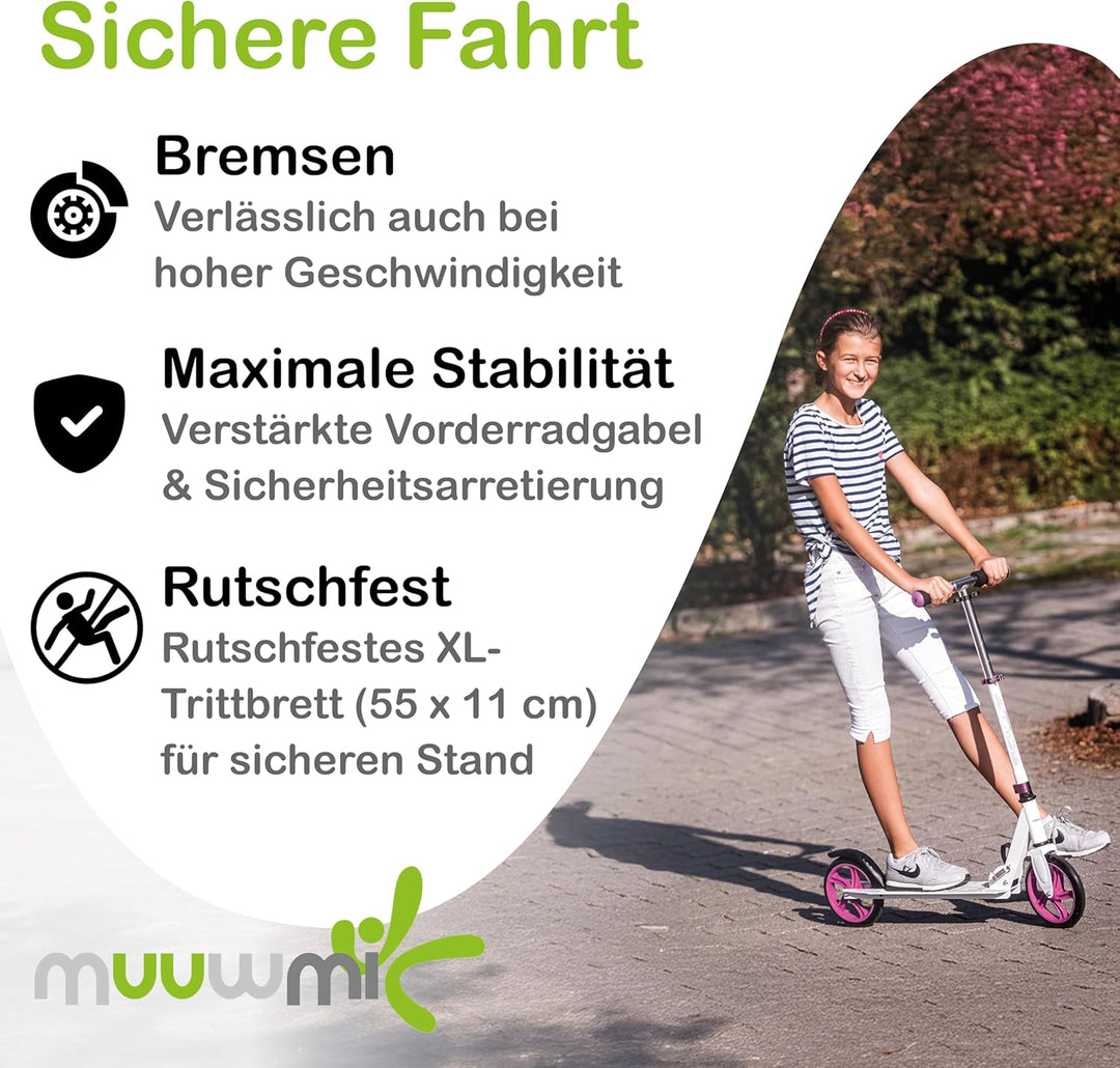 muuwmi Aluminium Scooter – Tretroller, 200 mm, ABEC 5, GS-geprüft, höhenverstellbar, XL-Deck, pink-t