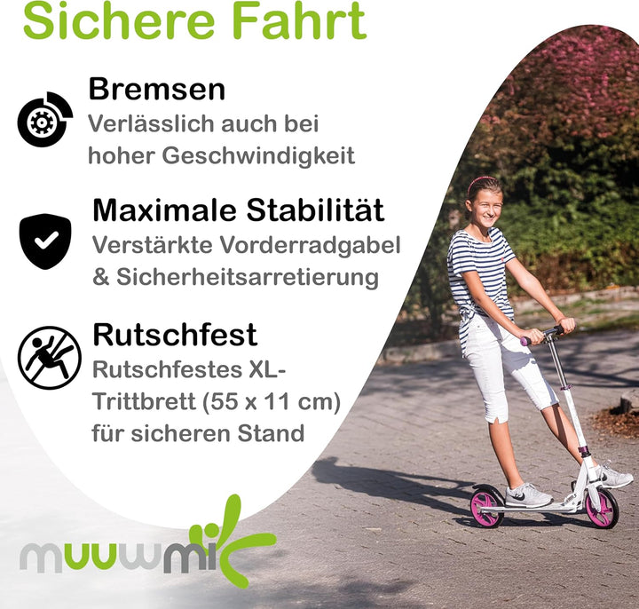 muuwmi Aluminium Scooter – Tretroller, 200 mm, ABEC 5, GS-geprüft, höhenverstellbar, XL-Deck, pink-t