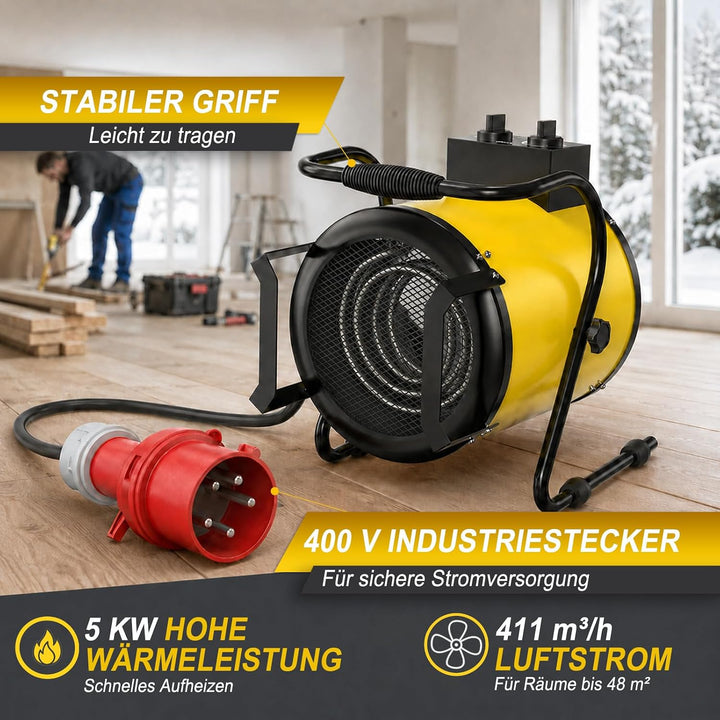 Heizlüfter 5 kW 400 V Elektroheizer Grosse Räume mit Thermostat 5 KW Gelb, 5 KW Gelb