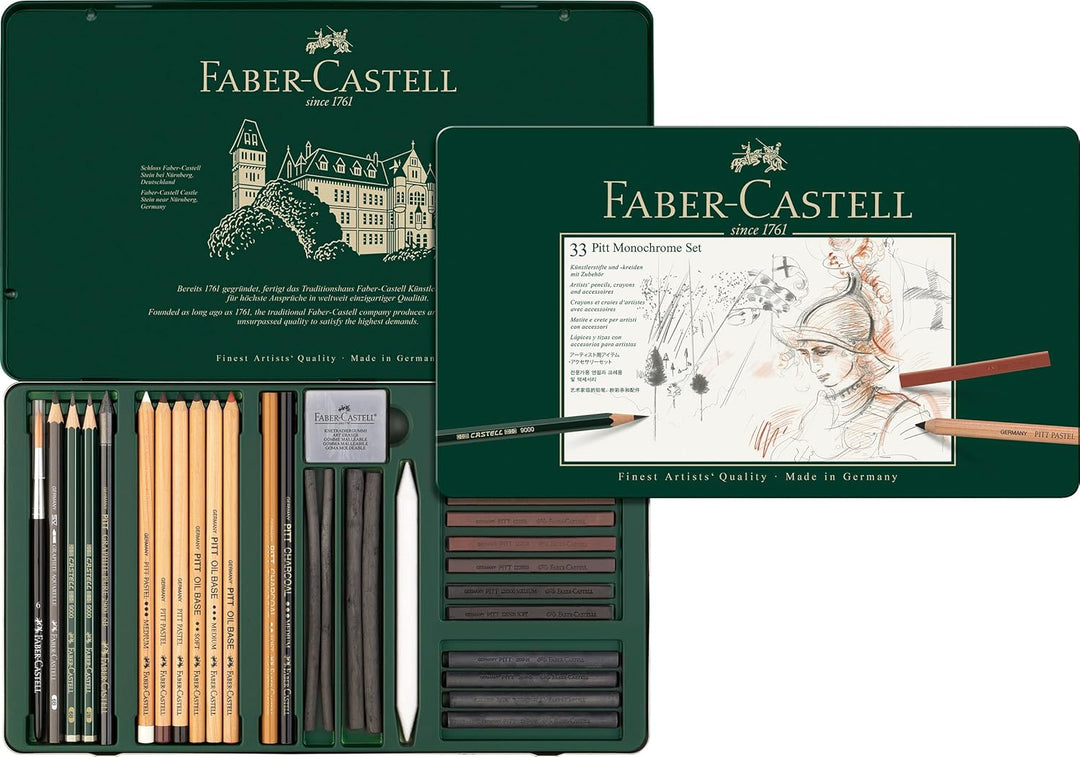 Faber-Castell 112975 - Pitt Monochrome Set im Metalletui, klein, 12-teilig (gross mit Pinselradierer