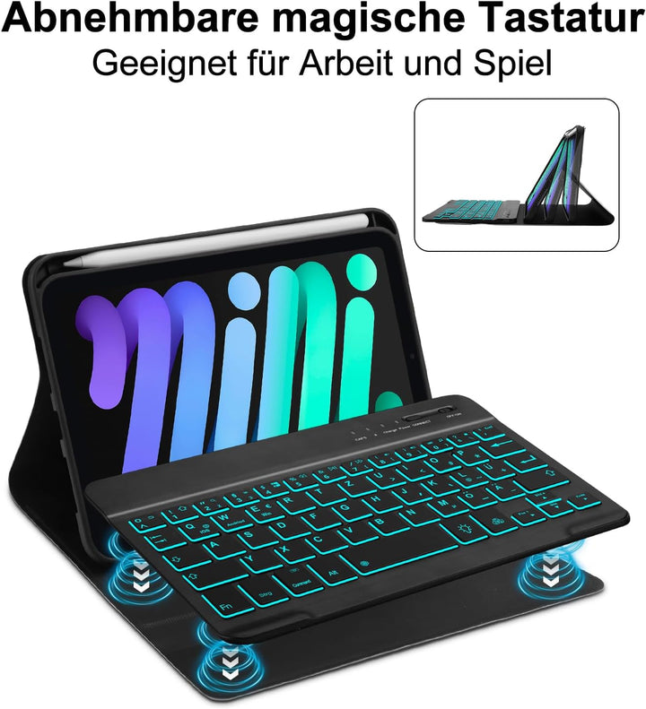 SENGBIRCH Hülle mit Tastatur für iPad Mini 7 (A17 Pro) 8.3" 2024 - QWERTZ Deutsche Beleuchtung Tasta