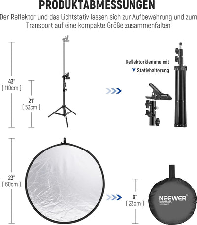 NEEWER 60cm Lichtreflektorset, zusammenklappbarer runder 5 in 1 Reflektor (durchscheinend/Silber/Gol