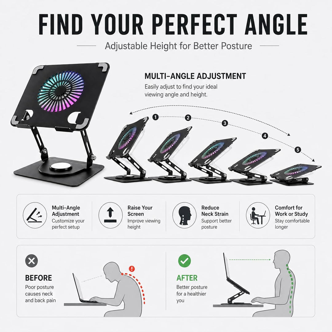 Aicharynic Laptop Ständer mit RGB Laptop Kühler, 360° Schwenkbar, 8KG Tragkraft, Belüfteter Notebook