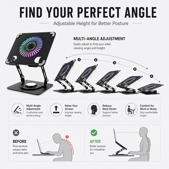 Aicharynic Laptop Ständer mit RGB Laptop Kühler, 360° Schwenkbar, 8KG Tragkraft, Belüfteter Notebook