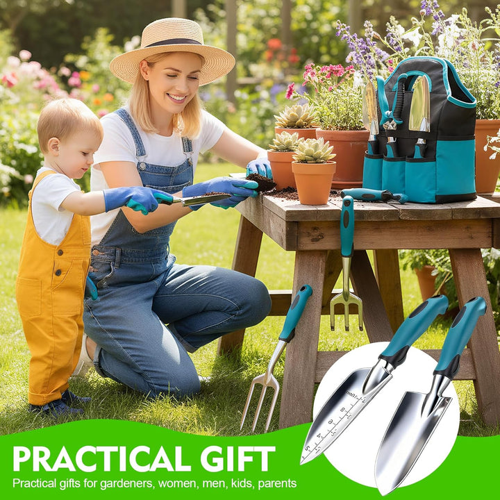 Gartenwerkzeug Set 7-teilig Mit Handschuhen Und Aufbewahrungstasche, Ergonomische rutschfeste Griffe