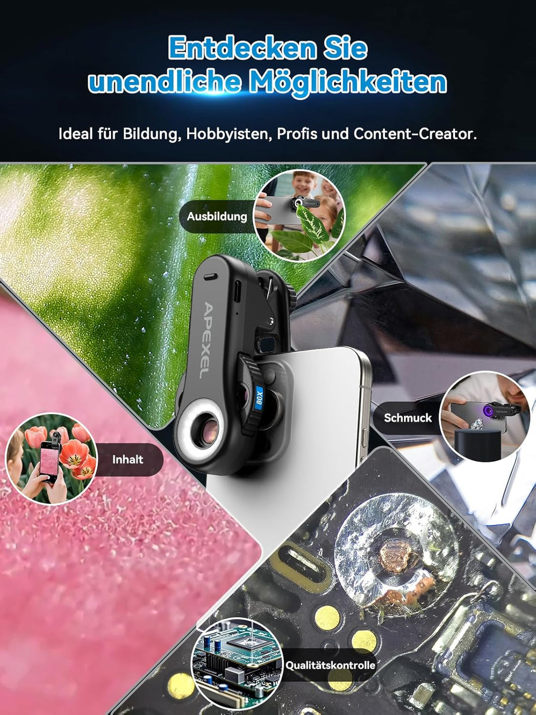 Apexel TriScope 3-in-1 Smartphone-Mikroskop- 40X/80X/120X Handy Mikroskop, Dual-LED & UV-Licht,Unive