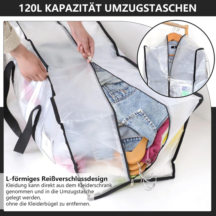 Dntorx 4 Stück 120L Aufbewahrungstasche, Heavy-Duty Umzugstaschen Transparente Umzugskartons Grosse