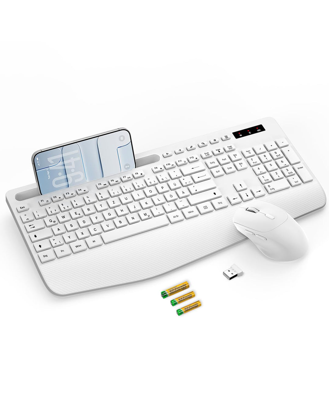 Tastatur Maus Set kabellos, 2.4G keine Latenz Ergonomische Tastatur kabellos Set, Handballenauflage,