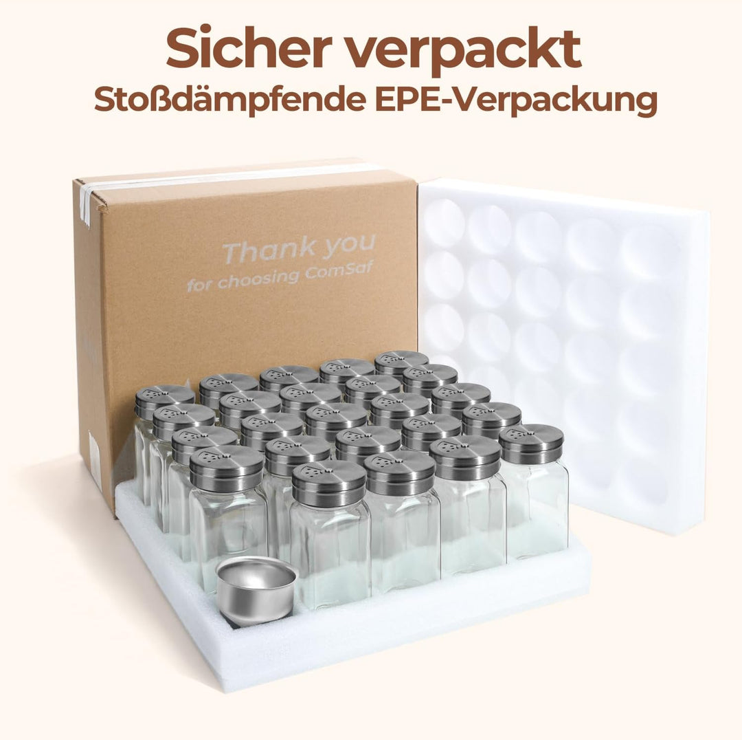 ComSaf Gewürzgläser Eckig mit Etiketten (24×120ml), Gewürzstreuer Glas mit Metalldrehdeckel, Gewürzd