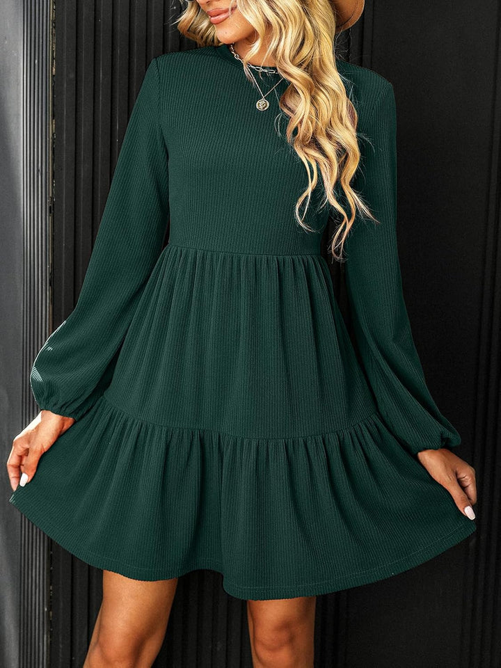 CUPSHE Damen Kleid Rundhals Langarm Volantsaum A Linien Herbst Winter Rippstruktur Kurze Minikleid F
