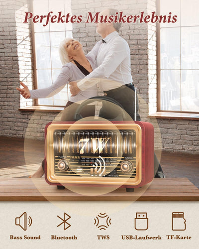 PRUNUS J-170 Bluetooth Radio Retro AM/FM/SW, Nostalgie Radio Klein mit 1800mAh Akku, Kofferradio Küc