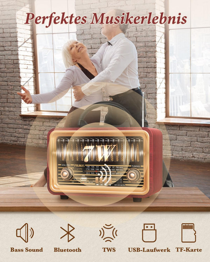 PRUNUS J-170 Bluetooth Radio Retro AM/FM/SW, Nostalgie Radio Klein mit 1800mAh Akku, Kofferradio Küc