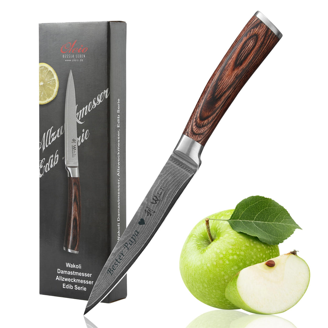 Wakoli EDIB Damast Allzweckmesser mit Gravur – Personalisiertes Messer, 12,5 cm Klinge aus 67 Lagen