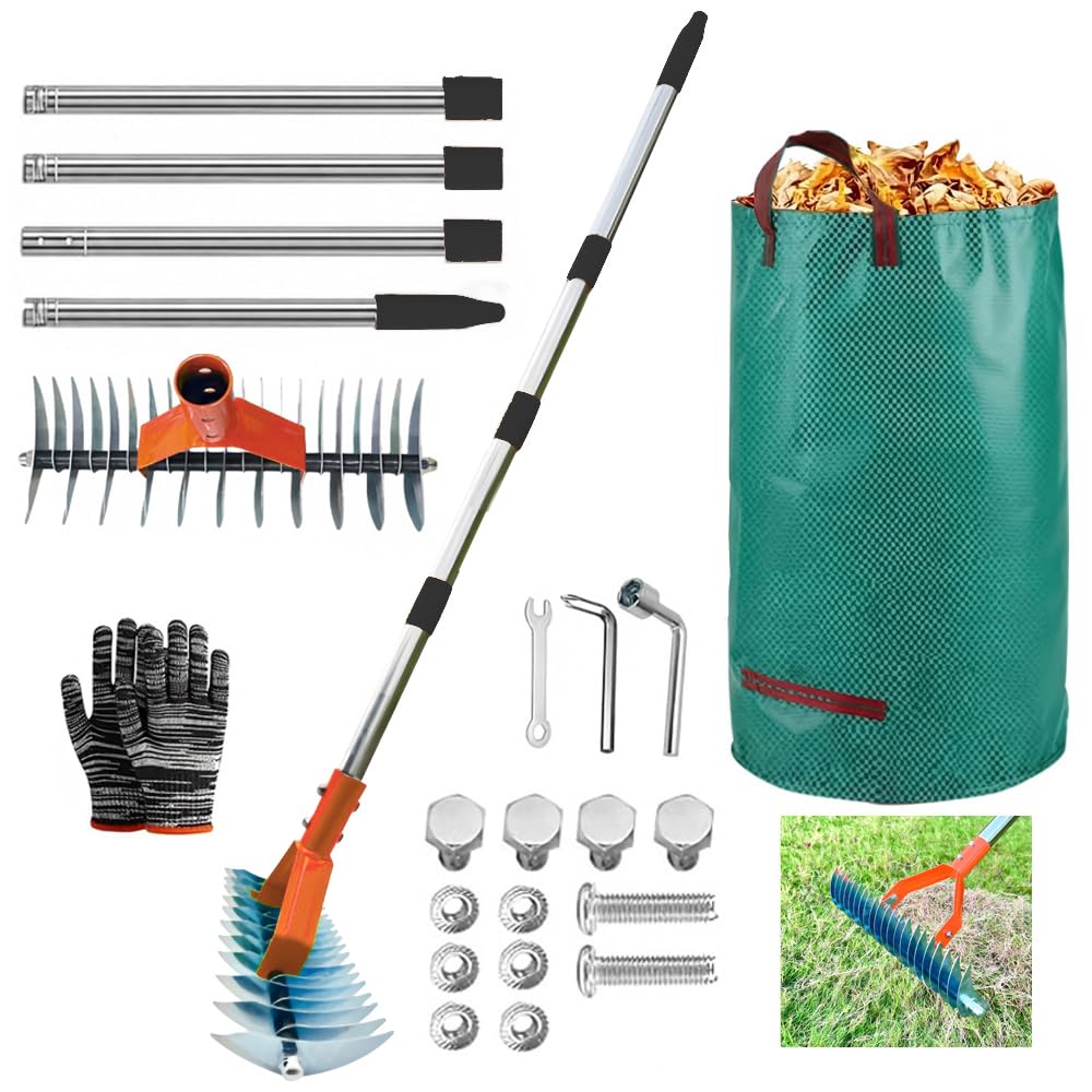 Handvertikutierer mit Gartenabfallsack, Vertikutierrechen mit Stiel 163cm, Vertikutierer Rechen Hand