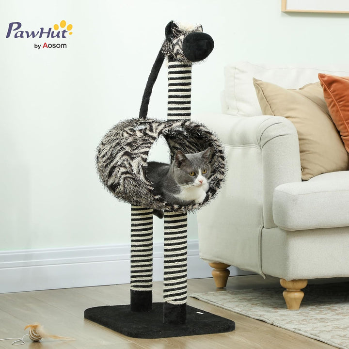 PawHut Kratzbaum 93 cm Katzenturm im Zebra-Design mit Katzentunnel, Plüschball, Jutepfosten, mehrstö