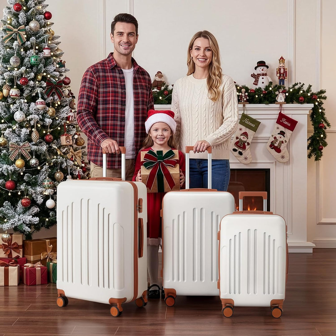 LALAHO Zwillingsrollen Reisekoffer Handgepäck Koffer Trolleys Hartschale M-L-XL-Set (Beige-Braun, M,