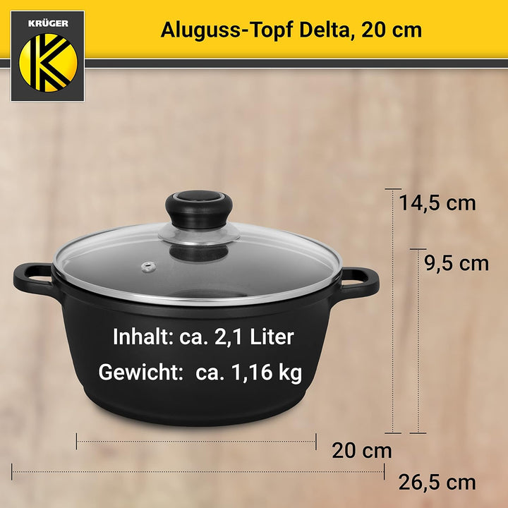 Krüger Aluguss-Topf Delta mit Glasdeckel - 20 cm - Kochtopf für gesunde & fettarme Speisen - geeigne