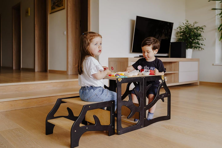 Weco Montessori Kinder Lernturm 3 in 1 Baum Design mit Rutsche und Tritthocker FSC Zertifikat Schrei