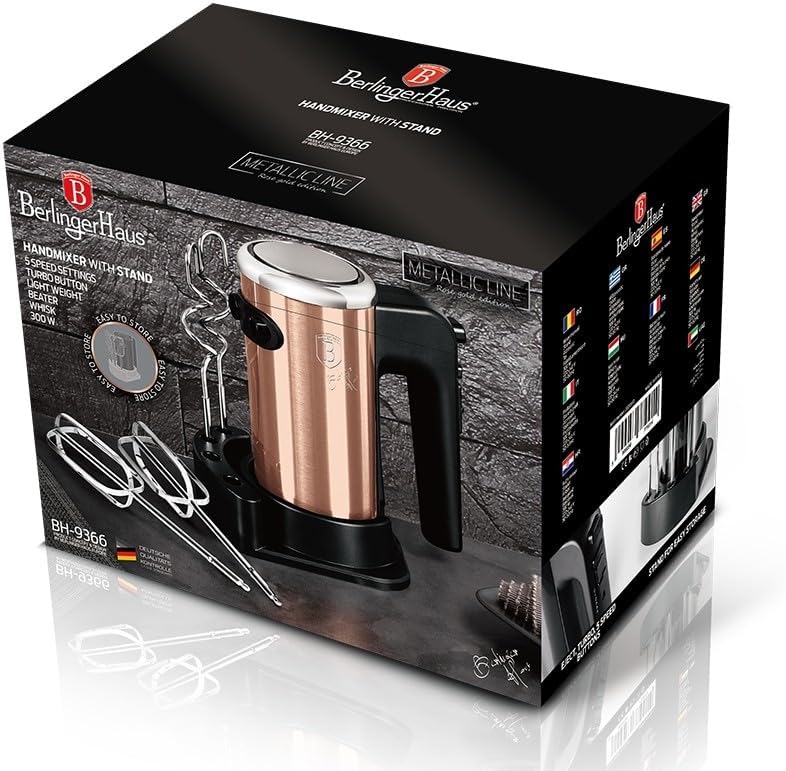 Berlinger Haus Handmixer mit Zubehör 300 W Rosegold Metallic Linie - Leistungsstarker Rührer für Kuc