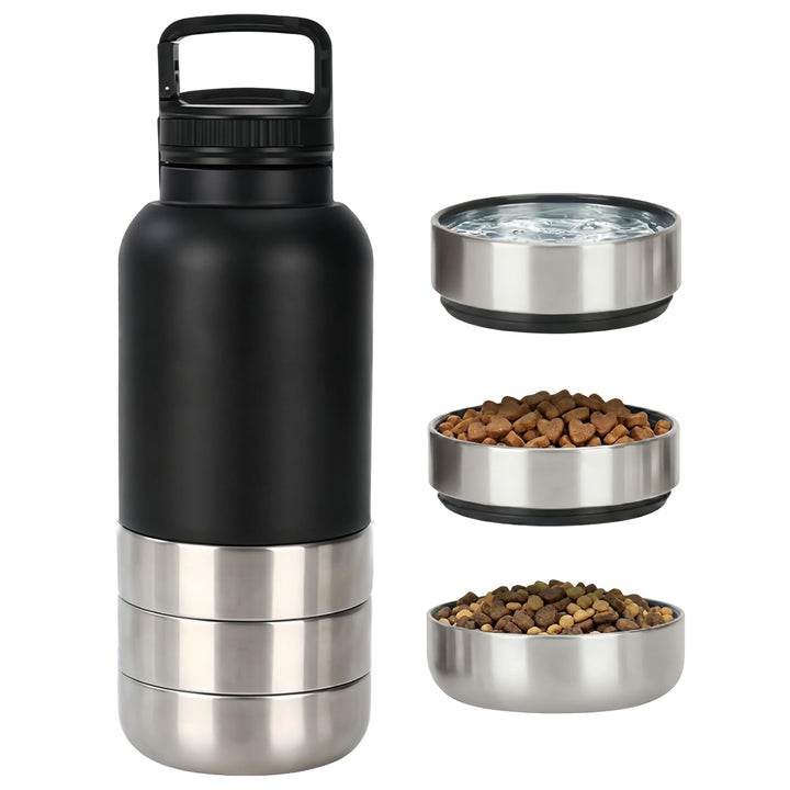 4-in-1 Trinkflasche Hunde für Unterwegs, Isolierte Edelstahl Hundetrinkflasche mit 3 Näpfen, Auslauf
