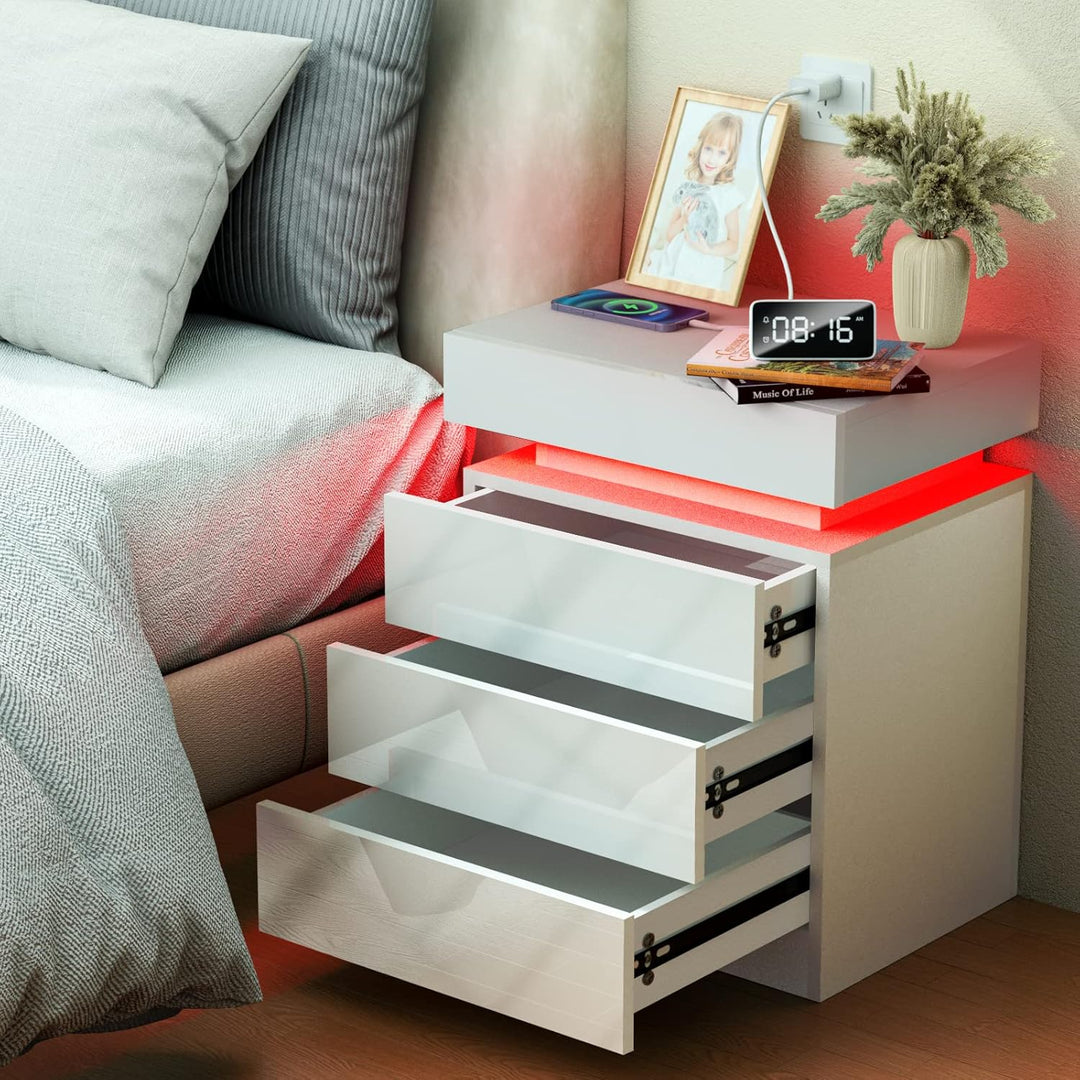 PIPIPOXER Nachttisch mit LED Beleuchtung,Nachttisch weiss mit grossen Stauraum,Nachttische mit 3 Sch