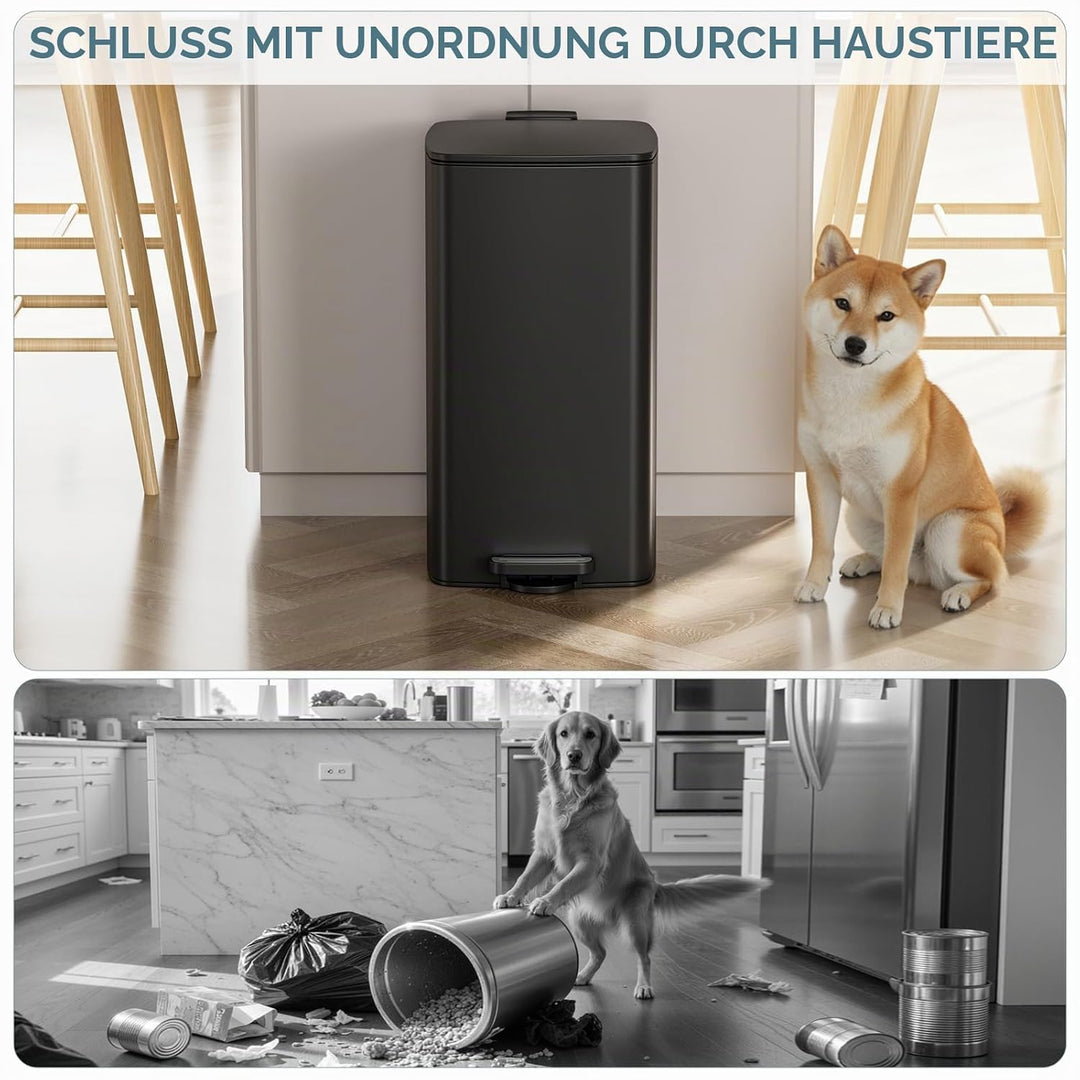 LIFERUN Mülleimer 30L aus Stahl, rechteckiger Abfalleimer mit Soft-Close-Deckel, Pedal und Inneneime
