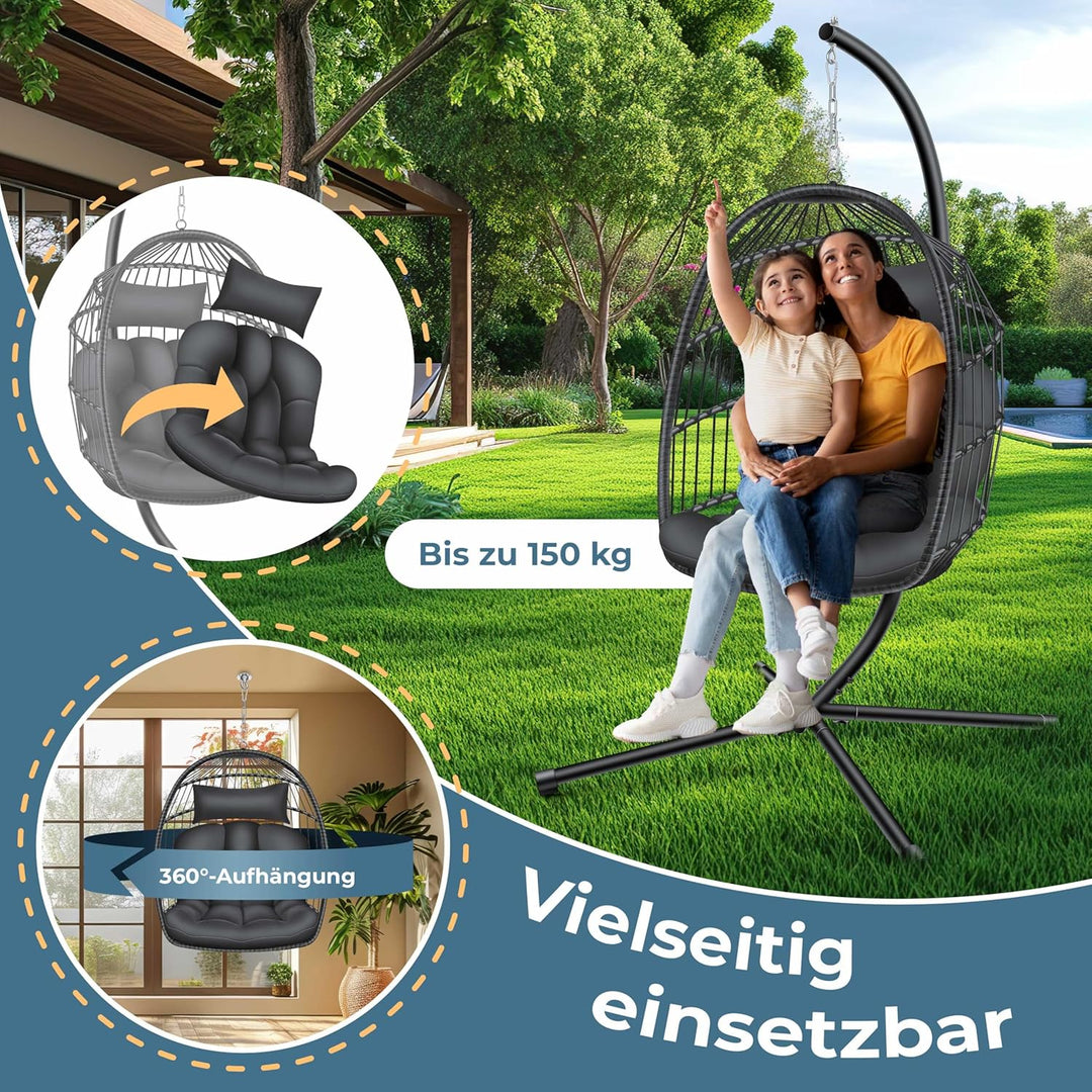 KESSER® Hängesessel Jungle mit Gestell Stahl Hängekorb Sessel Grossen Kissen + Decken Halterung + Co