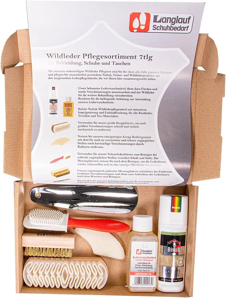 Wildleder Pflegeset 7tlg - für Bekleidung Schuhe Taschen - Nubuk Messingbürste - Veloursleder Kreppb
