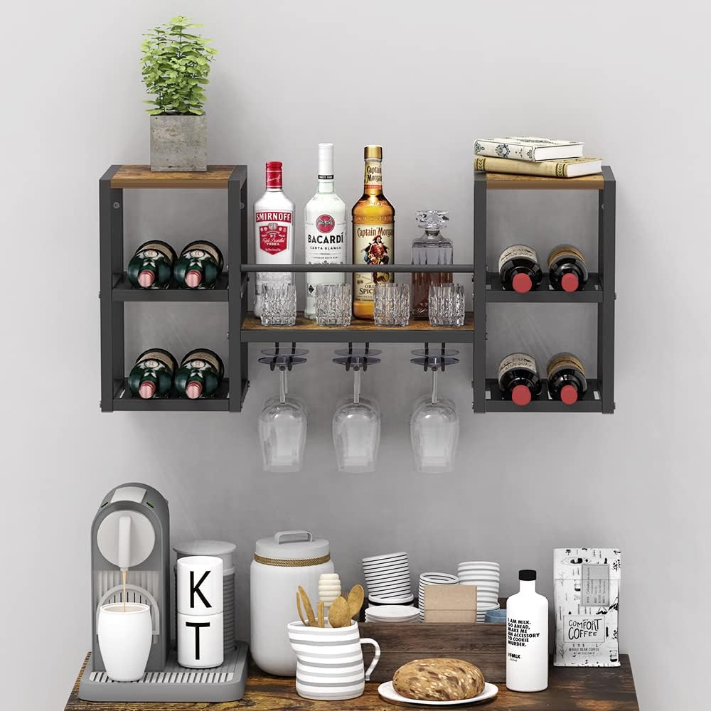 VEDECASA industriell wandmontierte Weinregal mit 3 Dampfglashalter Partial Holzregal Schwarz Metallf