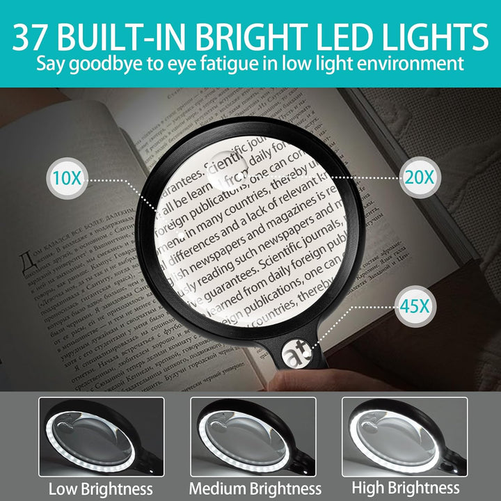 Lupe mit Licht USB Aufladbar, 10X 20X 45X Vergrösserungsglas, 37 LED Beleuchtete Handlupe mit 3 Lich