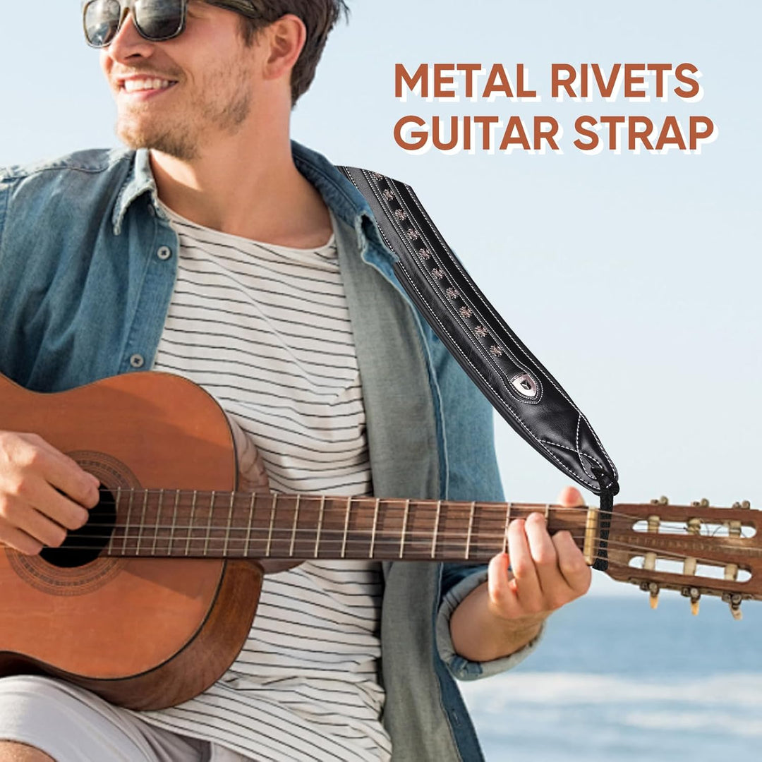 yueko Rindsleder Leder und PU Gitarrengurt Gurt Band für Akustik E-Gitarre Bass mit Metall Nieten, Y