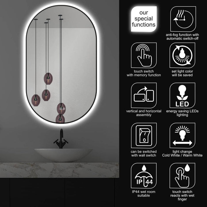 Apjeoy LED Badspiegel Oval 45 x 75 cm Wandspiegel Antibeschlage matt schwarz Metallrahmen Beleuchtun