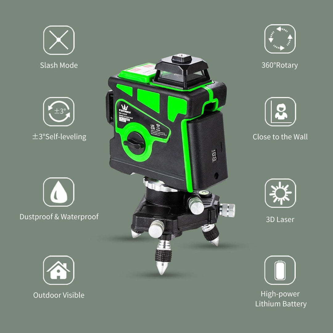 TOPWAY Kreuzlinienlaser Grün 3x360 Grad 3D Linienlaser 12 Linien, Selbstnivellierender Laser Level F