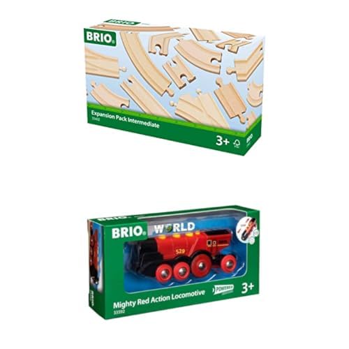 BRIO Bahn 33402 - Mittleres Schienensortiment & World 33592 Rote Lola elektrische Lok – Batterie-Lok