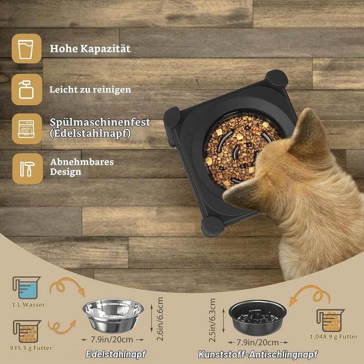 Lewondr Erhöht Hundenapf, 1000ml Edelstahl Hund Futternapf &amp; 1100ml Langsam Futternapf, 3 Höhenverst
