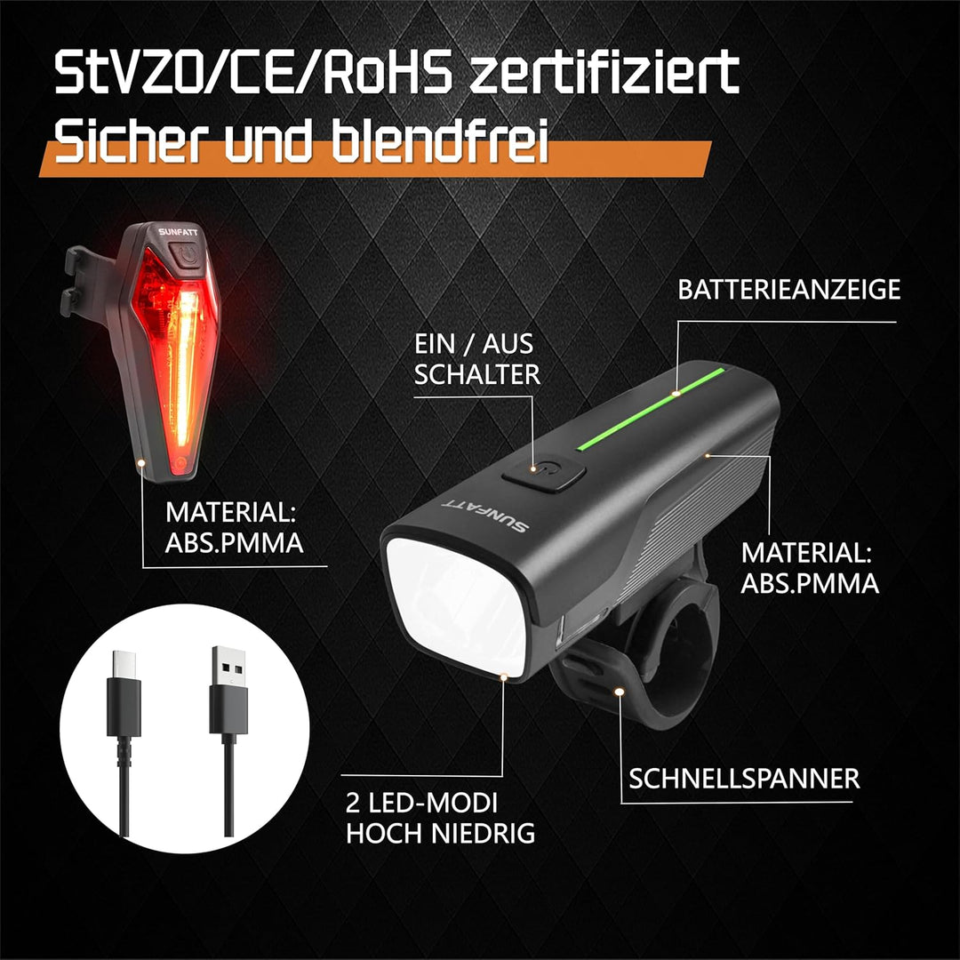 SUNFATT Fahrradlicht Set,StVZO Zugelassen Fahrrad Licht vorne&rücklicht-[2600mAh]-IPX5 Wasserdicht F